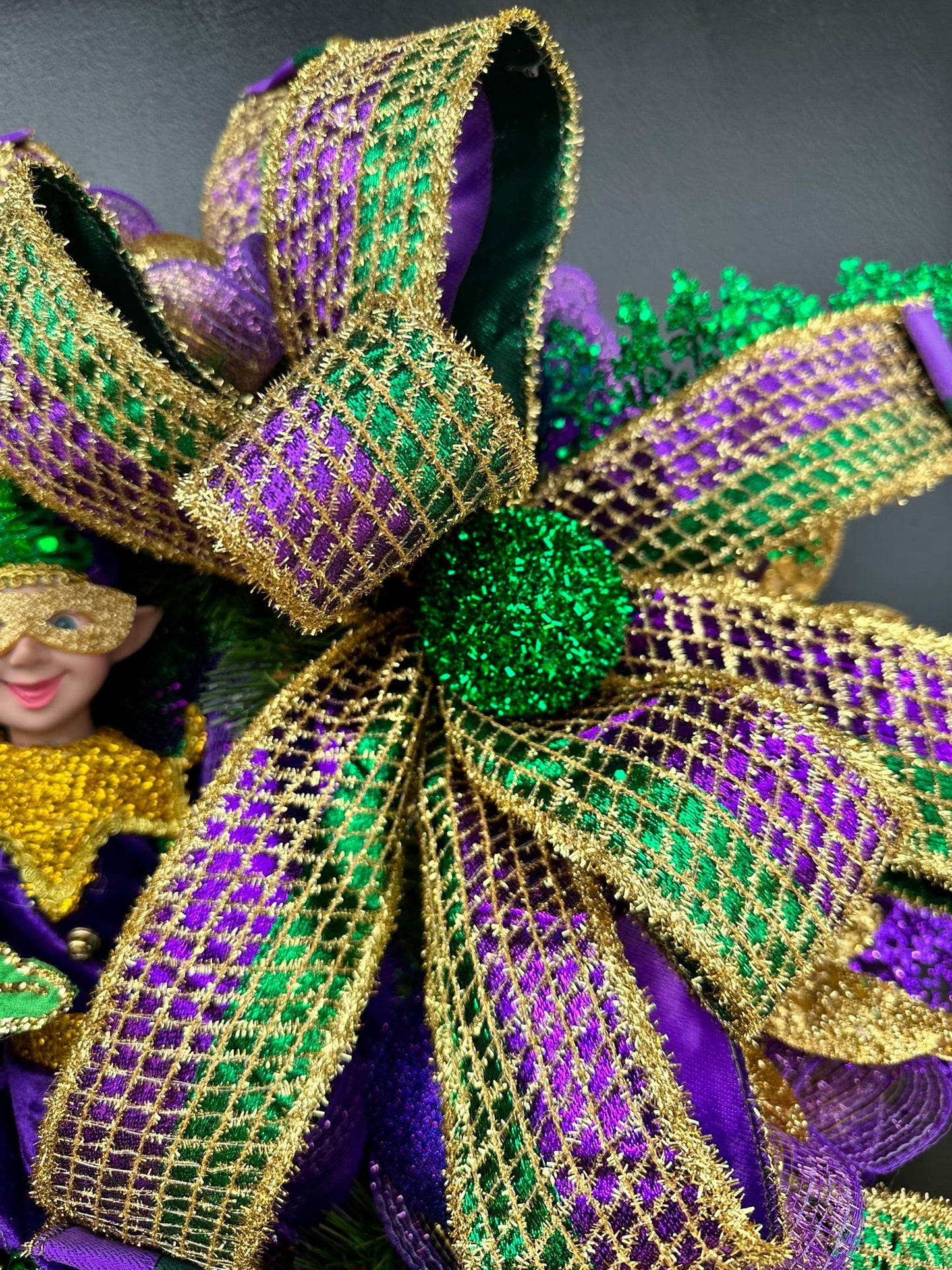 Colorful Mardi Gras Jester Wreath - Festive 32x28 Holiday Door Decor with Poinsettia Flowers, Jester Character Wreath, and Glitter Accents