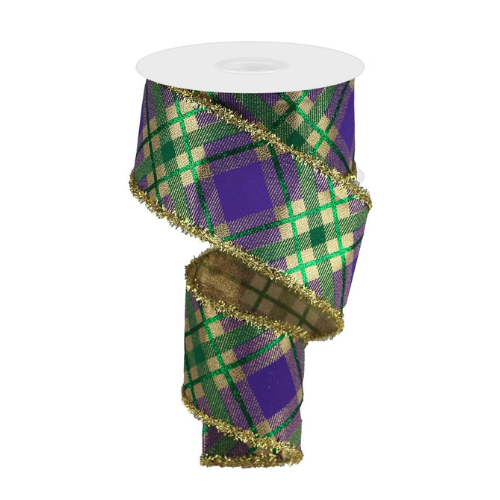 2.5"x10yd Glitter Plaid Mardi Gras Wired Ribbon – Metallic Purple, Green & Gold | TCT Crafts-RG0818408