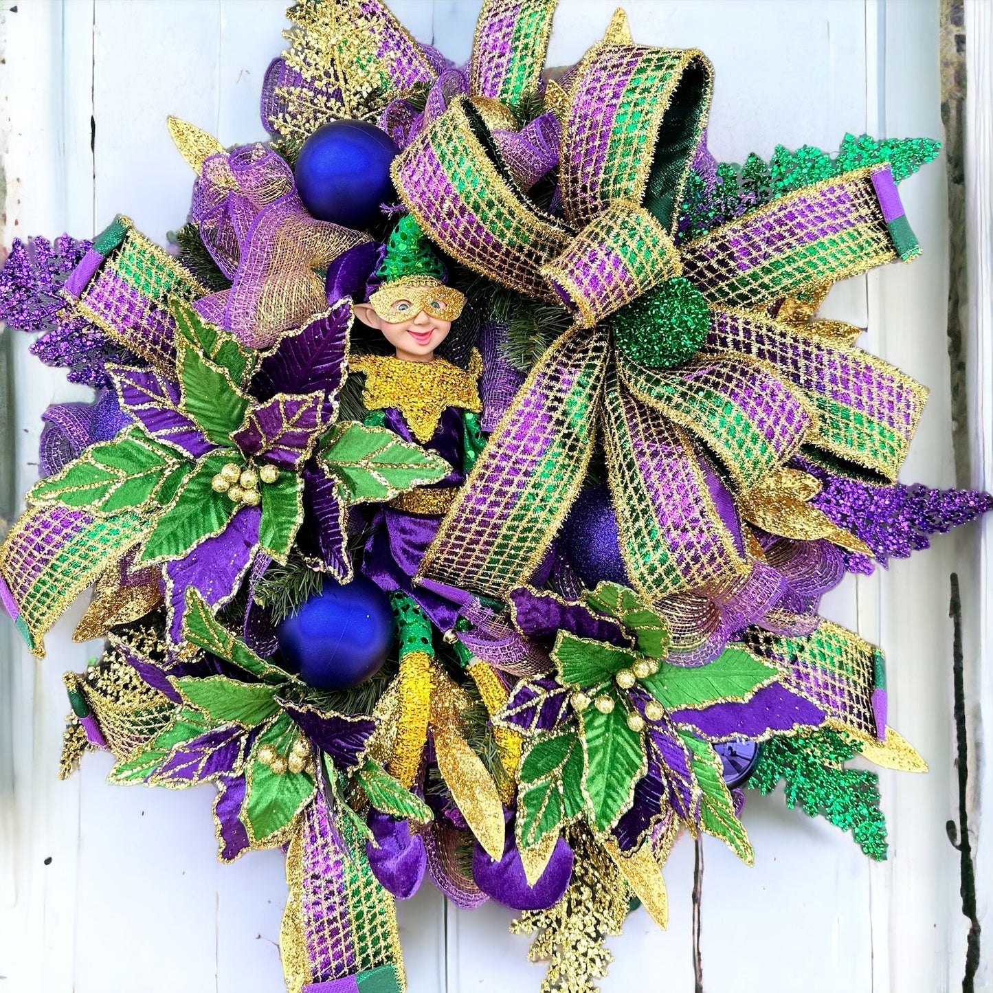Colorful Mardi Gras Jester Wreath - Festive 32x28 Holiday Door Decor with Poinsettia Flowers, Jester Character Wreath, and Glitter Accents