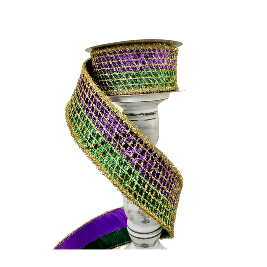 2.5"x10yd Purple/Green/Gold Mardi Gras Ribbon - Metallic Mesh with Tinsel - TCT Crafts - RGC8044 Craig Bachman