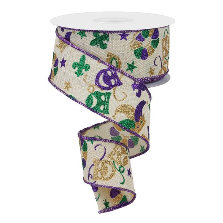 1.5" Mardi Gras Wired Ribbon – Glitter Mask & Jester Hat in Purple, Green, Gold-RGE1243C2 Craig Bachman