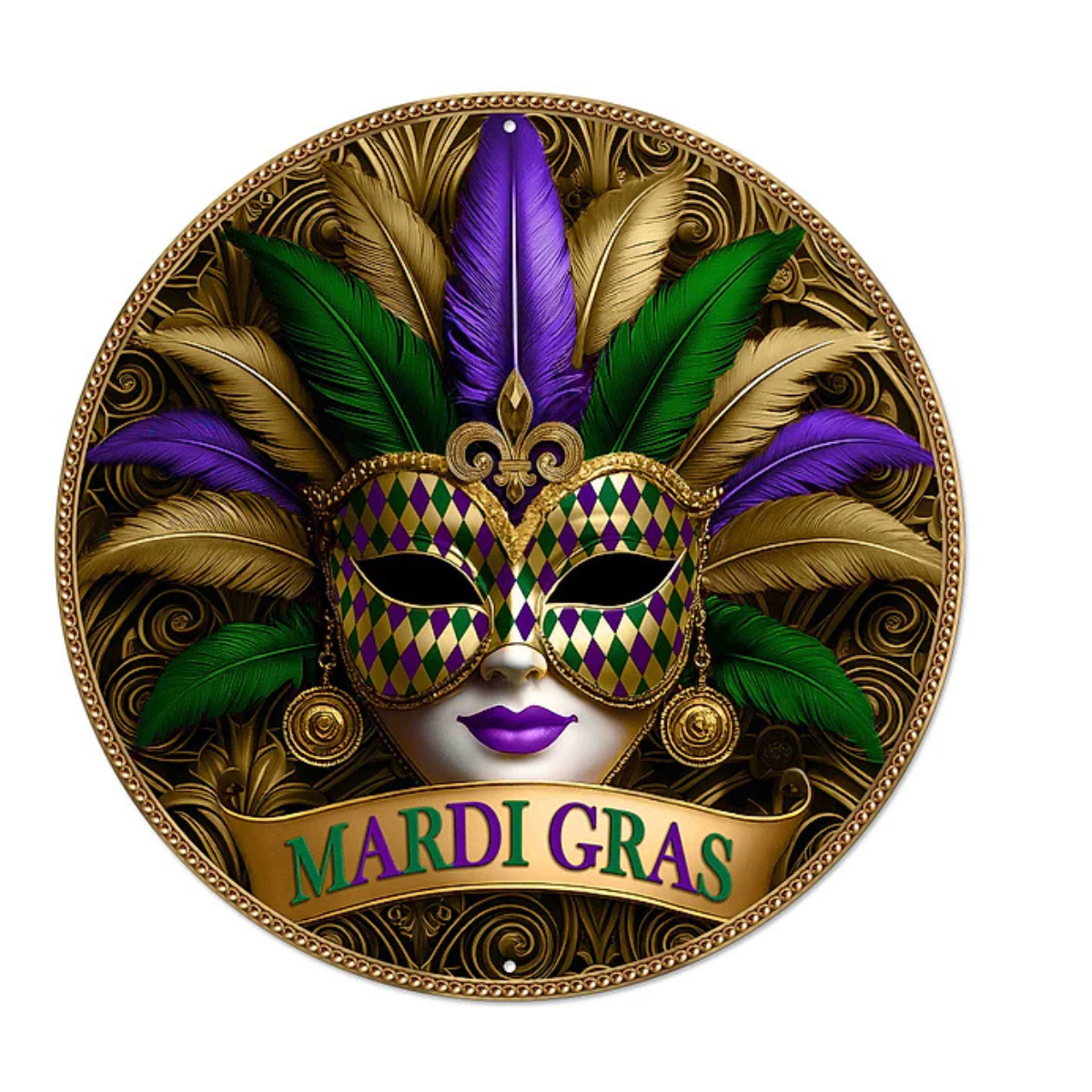 Mardi Gras Mask Sign | Gilded Metal Wall Decor | 12" Round Sign-MD1761 Craig Bachman