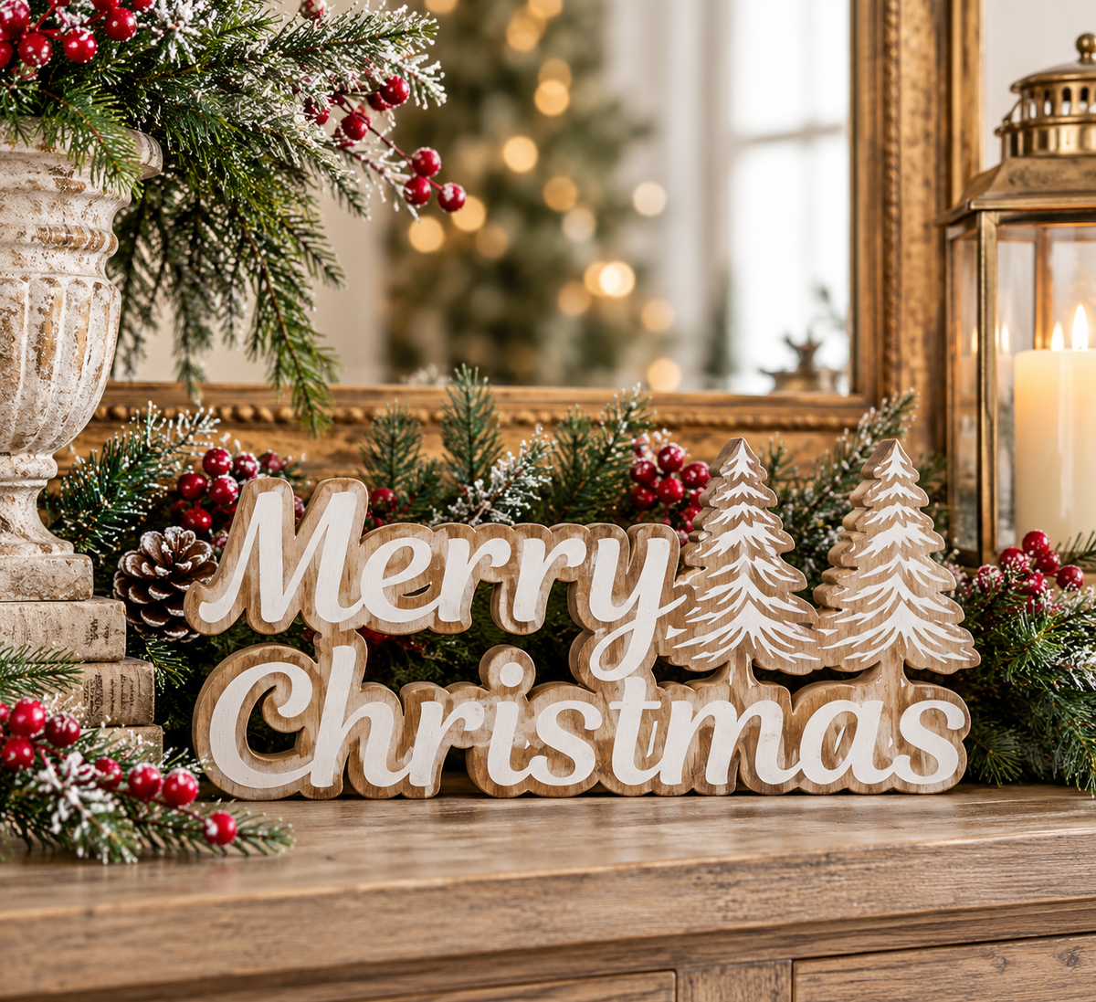 MERRY CHRISTMAS Cutout with Christmas Trees | Freestanding Holiday Tabletop Sign | 14.75"-56782A K & K Interiors