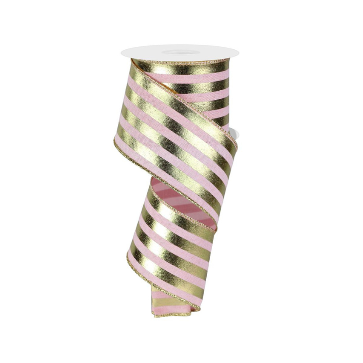 2.5"x10yd Pale Pink & Gold Metallic Striped Ribbon - Wired Ribbon for Crafts & Holiday Decor (RGE142915)