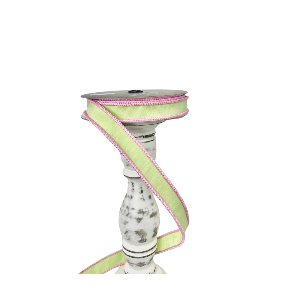 1"x10yd Designer Farrisilk Sherbert Cord Mint Green Wired Ribbon with Pink Trim - Mint Green Spring Wired Ribbon by TCT Crafts (RK531-13)