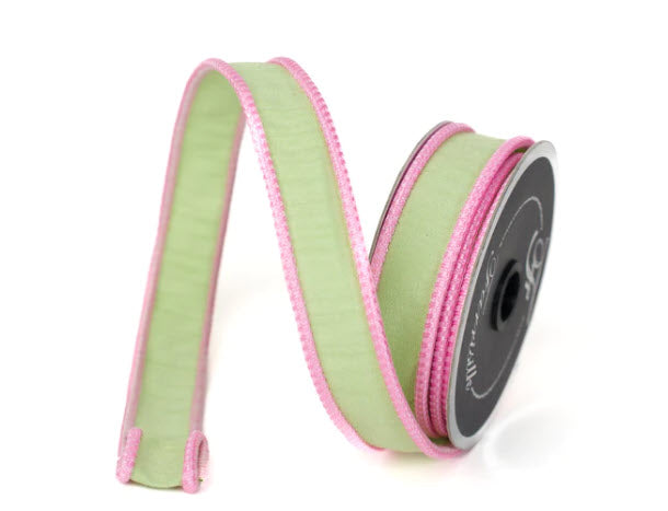 1"x10yd Designer Farrisilk Sherbert Cord Mint Green Wired Ribbon with Pink Trim - Mint Green Spring Wired Ribbon by TCT Crafts (RK531-13)
