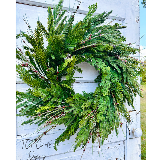 24" Mixed Pine Evergreen Wreath – Artificial Christmas & Winter Door Decor TCT Crafts