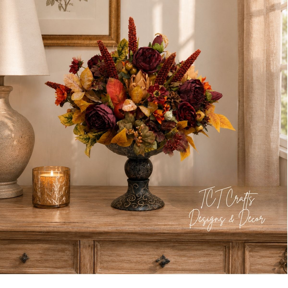 Designer Fall Arrangement in Ornate Compote — Ready-Made Artificial Centerpiece for Entryways, Buffets, and Commercial Spaces TCT Crafts