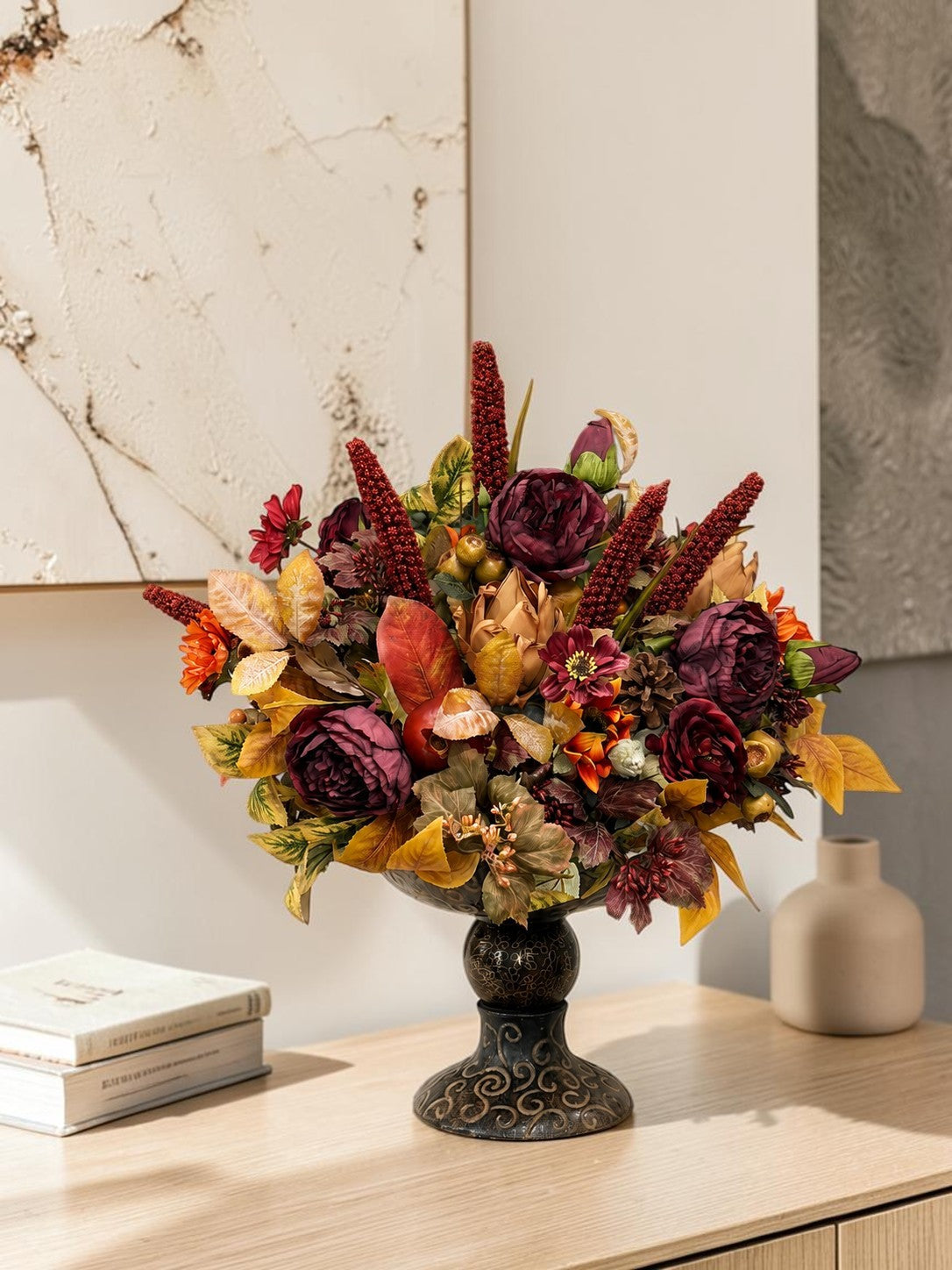 Designer Fall Arrangement in Ornate Compote — Ready-Made Artificial Centerpiece for Entryways, Buffets, and Commercial Spaces TCT Crafts