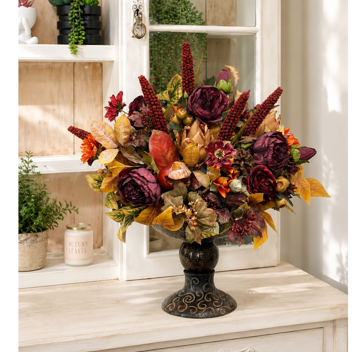 Designer Fall Arrangement in Ornate Compote — Ready-Made Artificial Centerpiece for Entryways, Buffets, and Commercial Spaces TCT Crafts