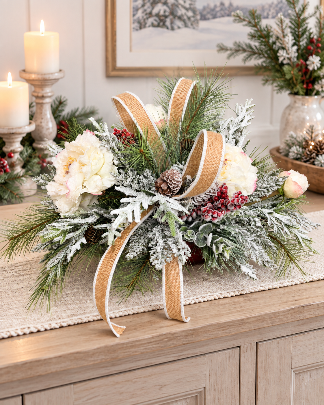 Rustic Glam Christmas Arrangement with Snowy Peonies & Burlap Ribbon TCT Crafts