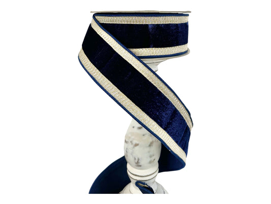 2.5"x10yd Designer Farrisilk Pleated Borders Velvet Holiday Ribbon in Navy & Platinum - Luxurious Elegance Holiday Ribbon-RK299-21 Farrisilk