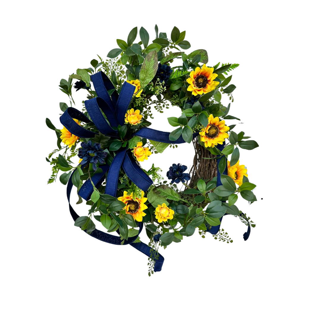 Sunflower Wreath with Navy Accents for Summer & Fall - Rustic 22x20 Grapevine Door Decor - Elegant Floral Greenery Wreath