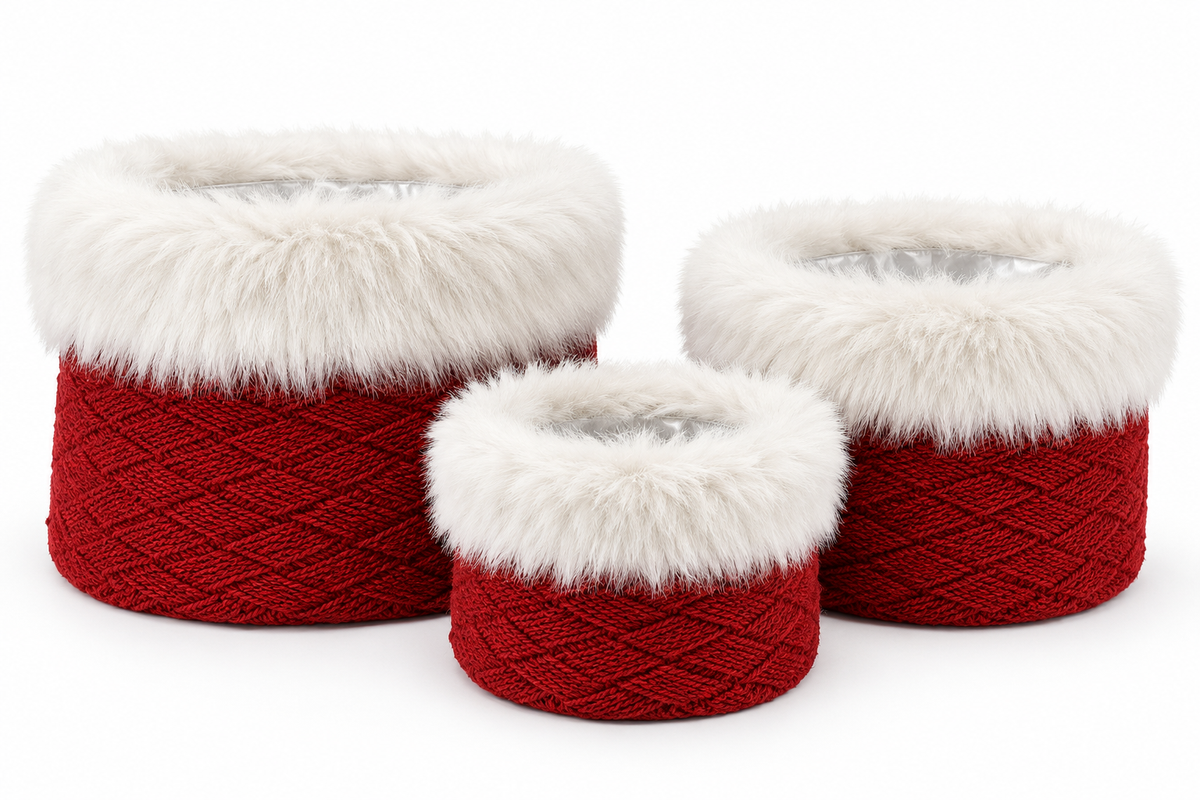 Red Knit Nesting Baskets with Vegan Fur Trim | Set of 3 Christmas Storage Baskets with Liners-54887A-RD K & K Interiors
