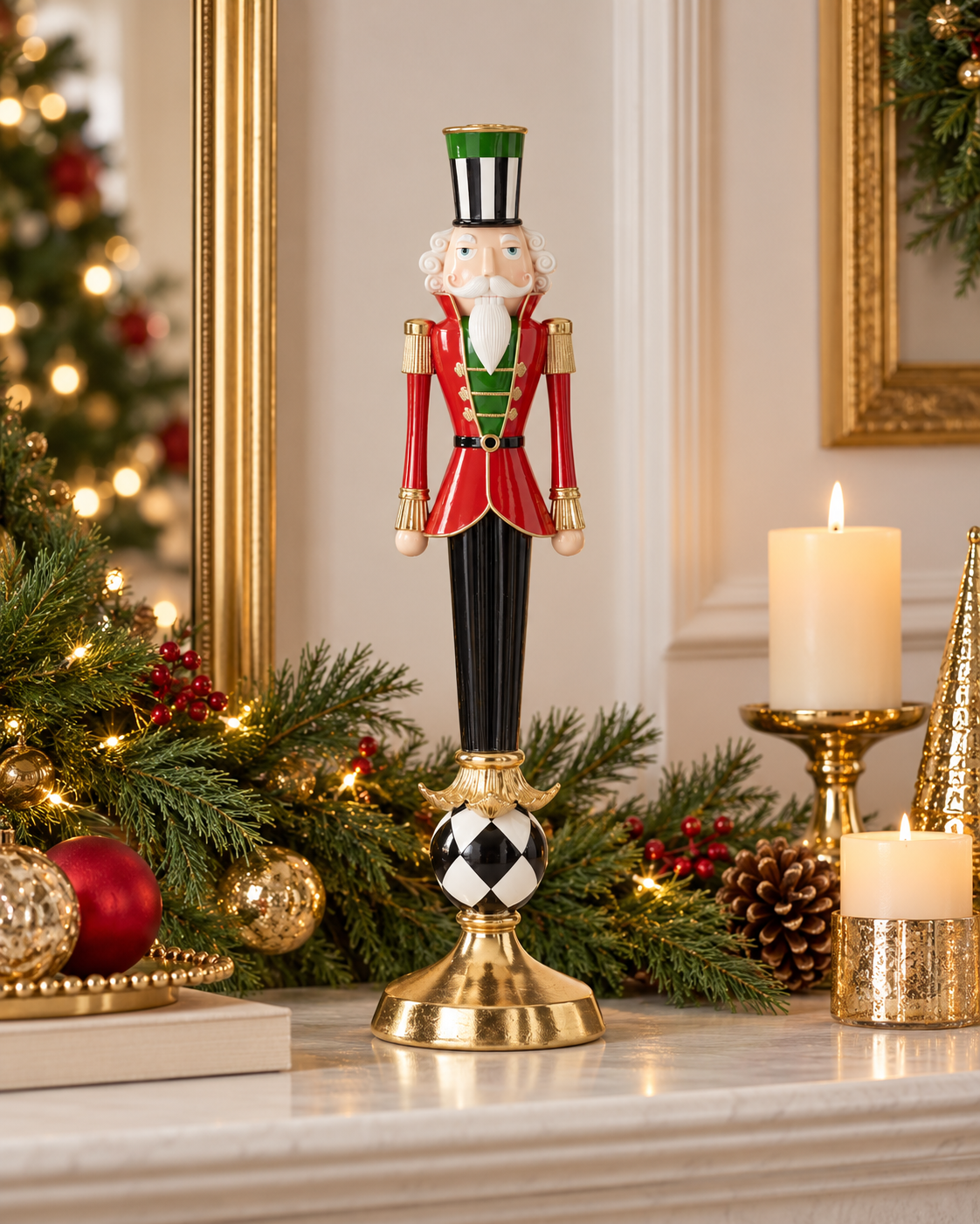 Harlequin Nutcracker Taper Candle Holder | Red Black White Green Resin Christmas Decor | 23.5"-56418B K & K Interiors