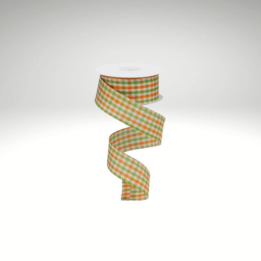 Woven Gingham Check Wired Ribbon – 1.5"x10yd Orange Moss Ivory-RGA1102K5 Craig Bachman