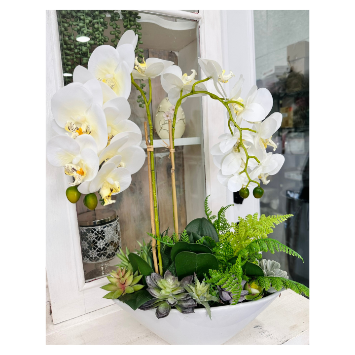 Artificial White Orchid & Succulent Arrangement | Faux Floral Centerpiece in White Ceramic Bowl