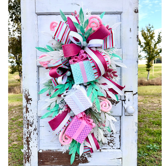 Pastel Pink & Mint Gift Box Christmas Swag – Whimsical Holiday Door Decor TCT Crafts