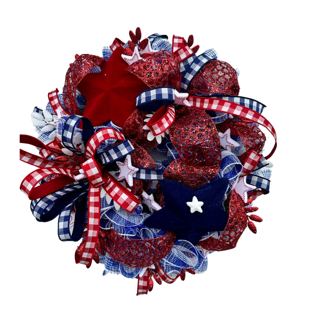 Patriotic Red, White & Blue Wreath – Glittery Mesh Door Decor, Independence Day, Memorial, Veterans Day Accents by TCT Crafts
