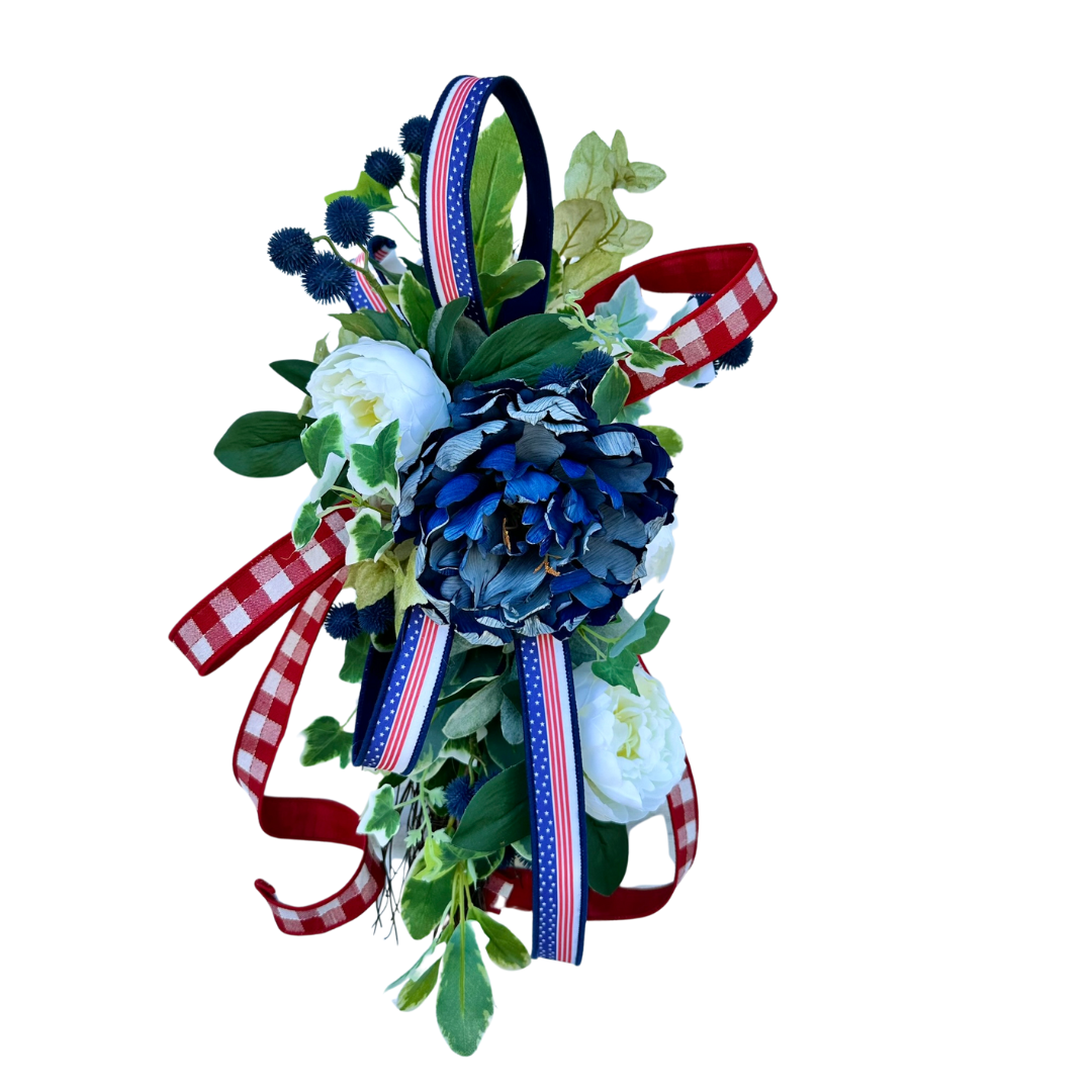 Patriotic Door Hanger Swag, 22x10 Red White and Blue Floral Decoration, Small American Pride Accent for Home by TCT Crafts