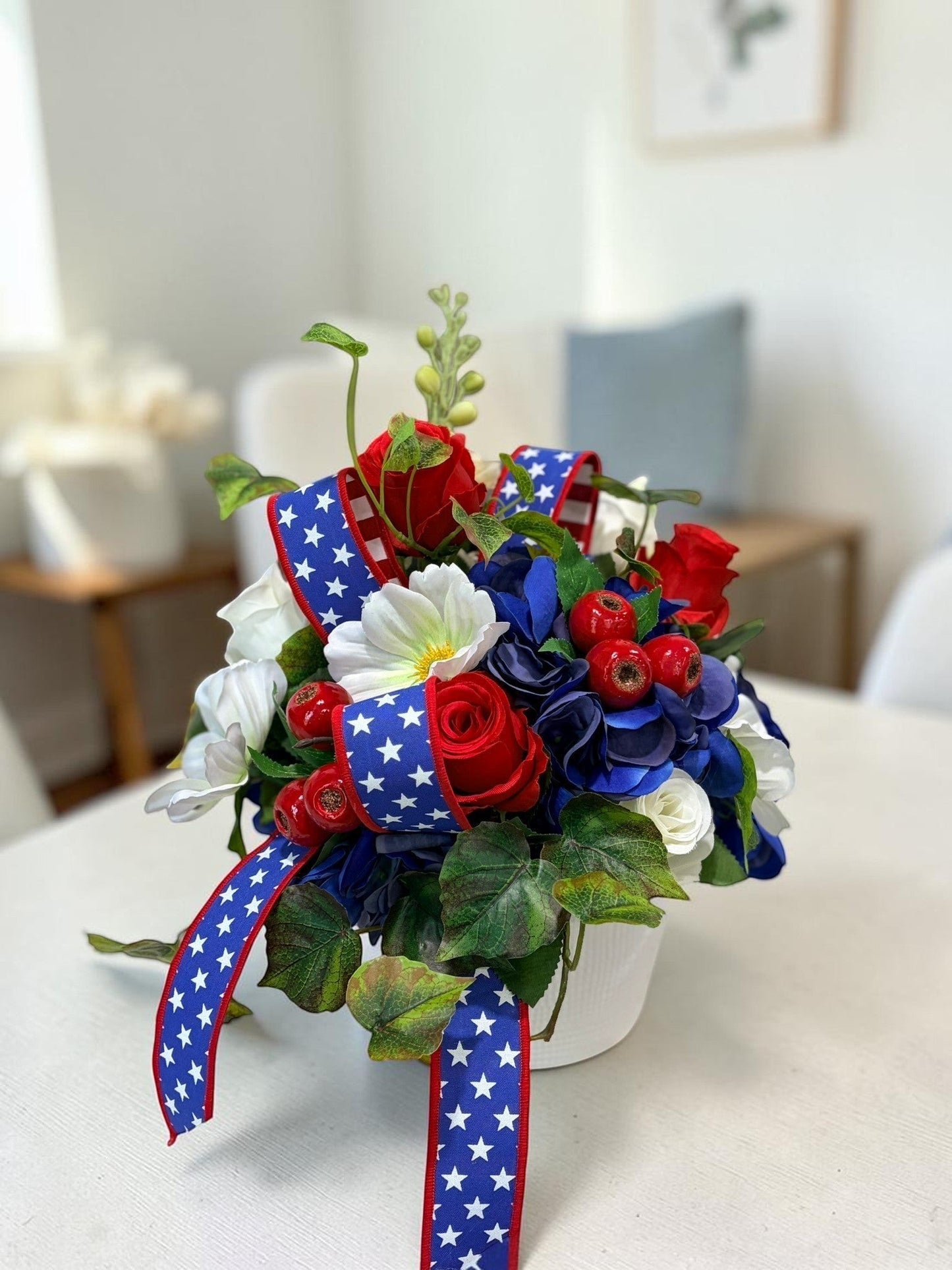 Patriotic Floral Arrangement in White Container for Summer Home Decor TCT Crafts