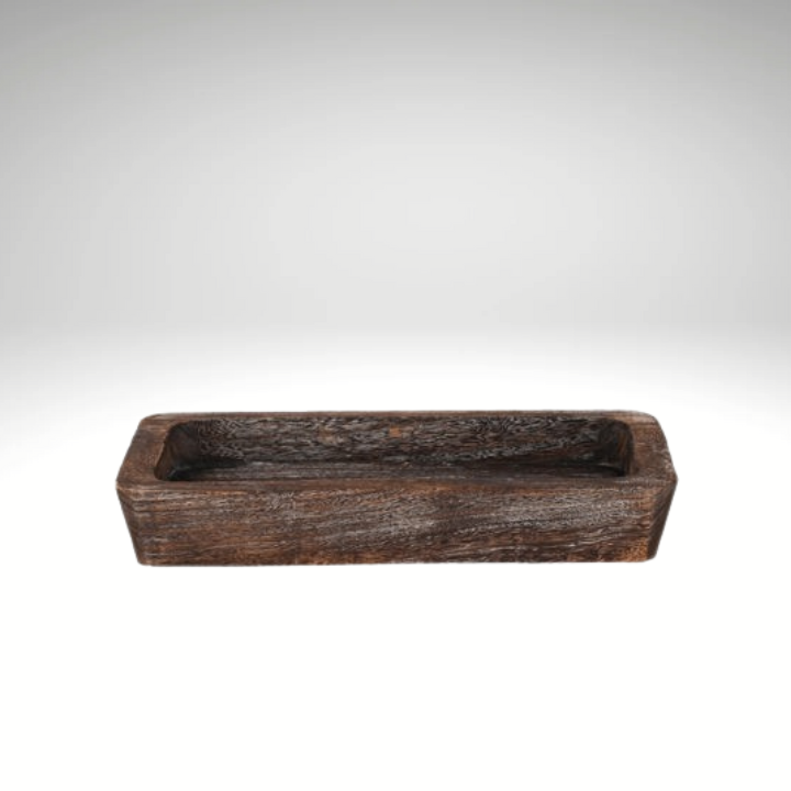Antique Brown Paulownia Tray – 16.5" Rustic Rectangle Wood Bowl for Table or Shelf Display