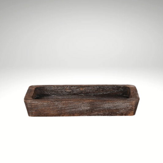 Antique Brown Paulownia Tray – 16.5" Rustic Rectangle Wood Bowl for Table or Shelf Display