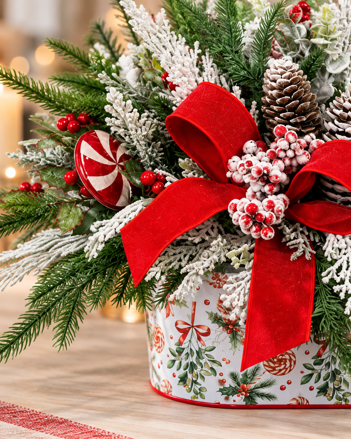 Peppermint Holiday Centerpiece | Flocked Cedar Pine Pinecone Design | 18"Lx12"H-2206 TCT Crafts Designs & Decor