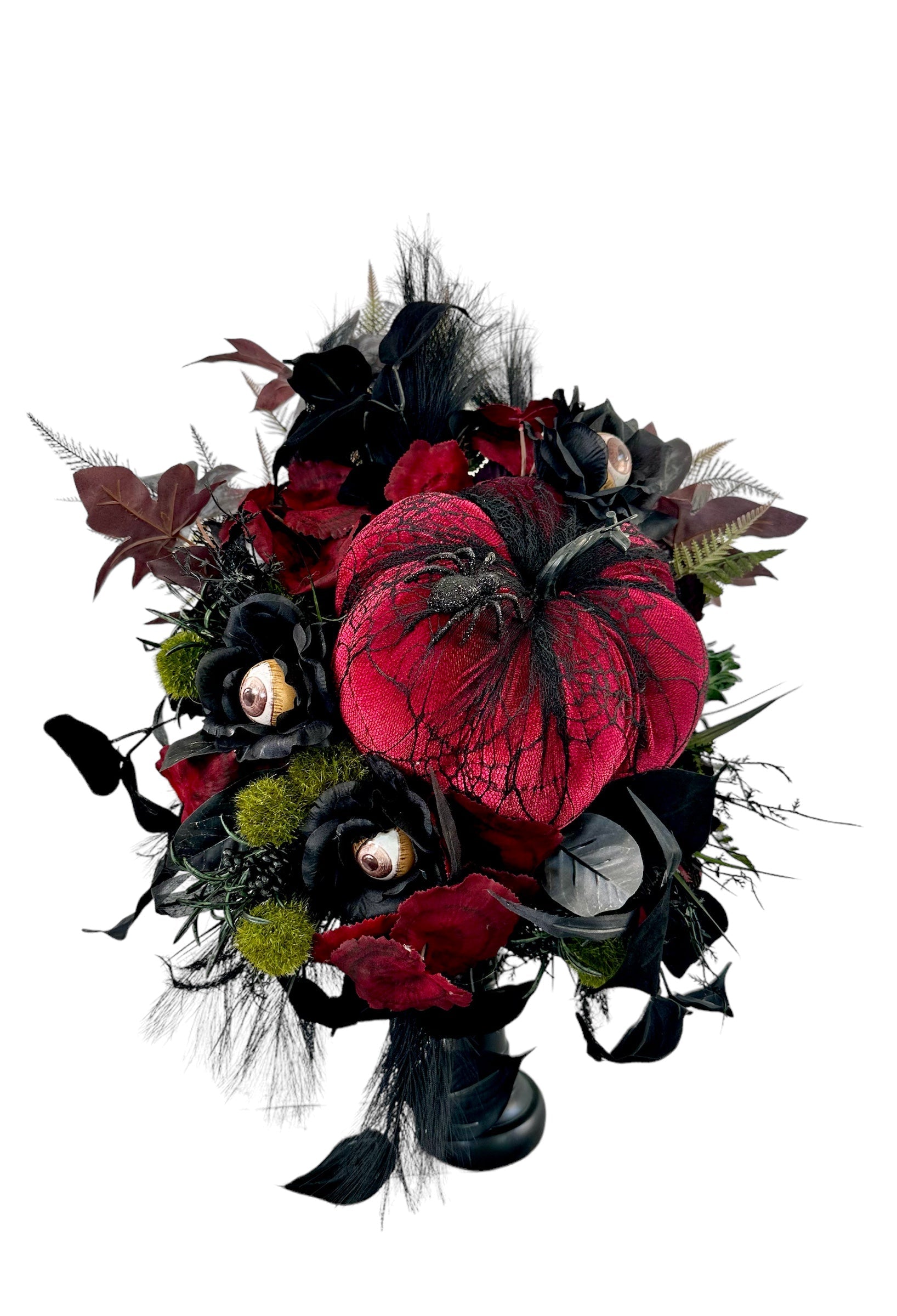 Spooky Glam Halloween Arrangement - Elegant Black Candlestick with Burgundy Foam Pumpkin and Halloween Florals-TCT1674 TCT Crafts