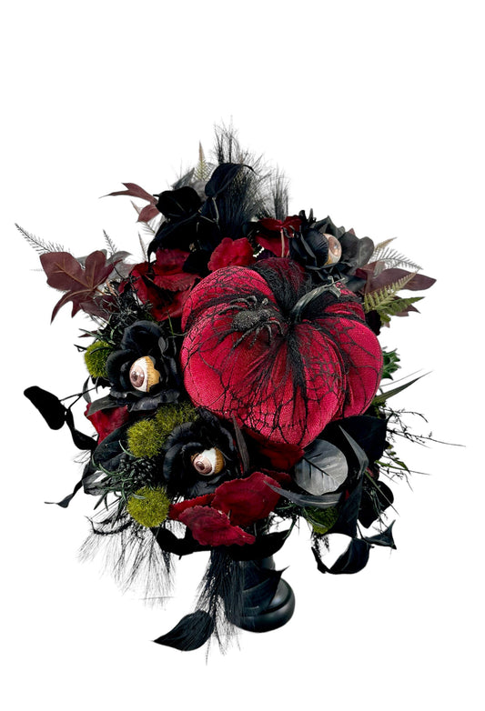 Spooky Glam Halloween Arrangement - Elegant Black Candlestick with Burgundy Foam Pumpkin and Halloween Florals-TCT1674 TCT Crafts