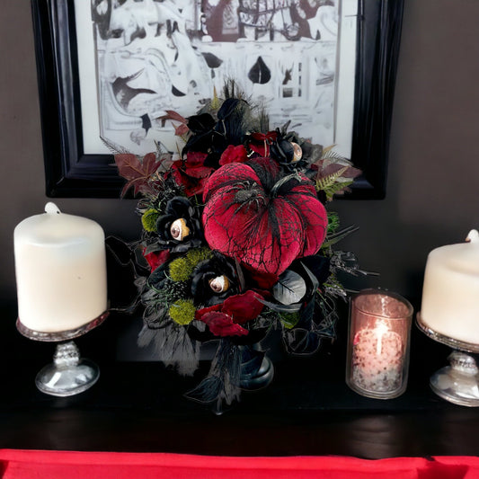 Spooky Glam Halloween Arrangement - Elegant Black Candlestick with Burgundy Foam Pumpkin and Halloween Florals-TCT1674 TCT Crafts