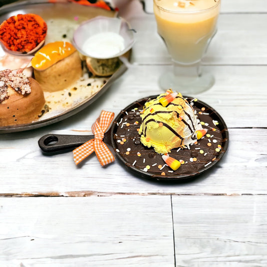 Decorative Faux Chocolate Skillet Cookie with Candy Corn Colored Ice Cream - 6" Mini Cast Iron Pan Decor TCT Crafts