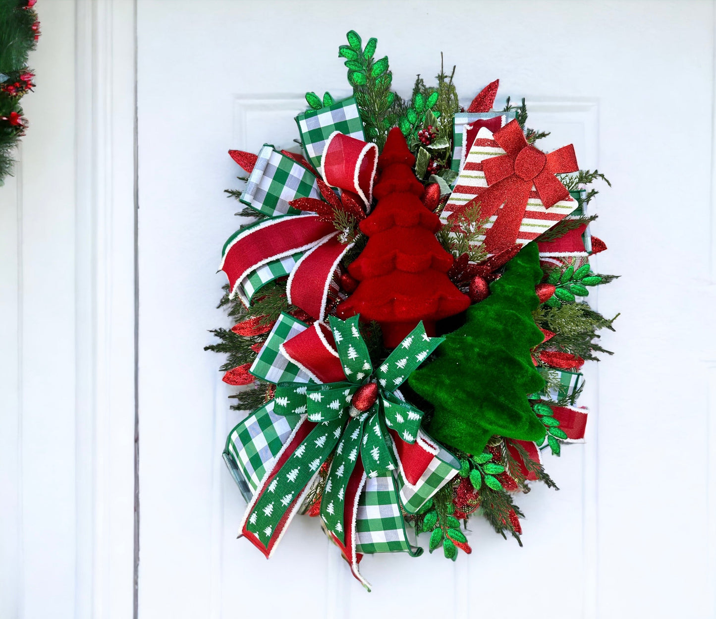 Festive Traditional Red/Green Christmas Tree Wreath - Holiday Decor - Artificial Pine - Glitter Sprays - Cedar Wreath-Red and Green Holiday TCT Crafts