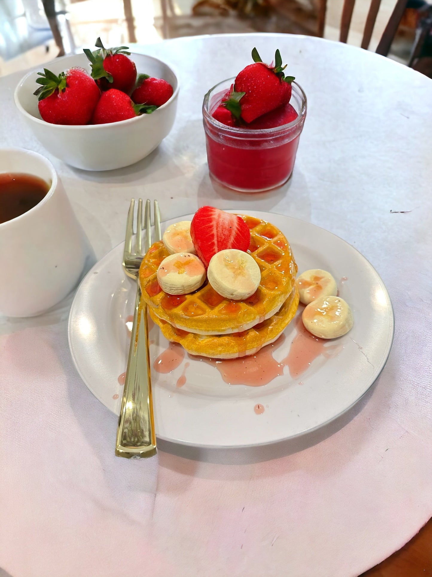 Fake Waffle Plate Display - Decorative Food Prop with Faux Strawberry sauce and faux bananas and strawberry, Ideal for Photoshoots and Home Decor TCT Crafts