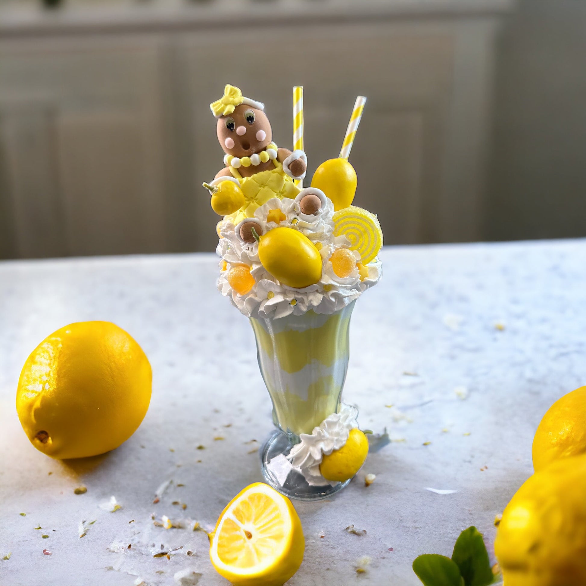Yellow Summer Lemon Faux Extreme Shake Decor with Gingerbread Girl, Whimsical Kitchen Art, Fake Food Display, Summer Kitchen Decor TCT Crafts