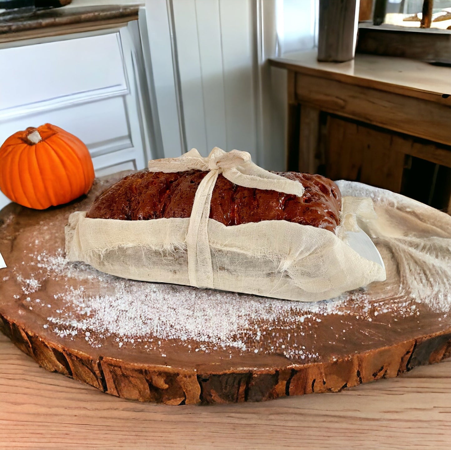 Artificial Pumpkin Cinnamon Bread Decor, 8x3 Distressed Cheesecloth Wrapped, Tier Tray Display for Farmhouse Kitchen