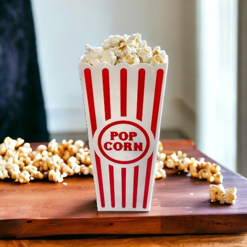 Classic 8-Inch Faux Popcorn Box Prop for Movie Room Decor, Non-Edible Clay and Resin Popcorn, Home Theater Accessory - Carnival Props