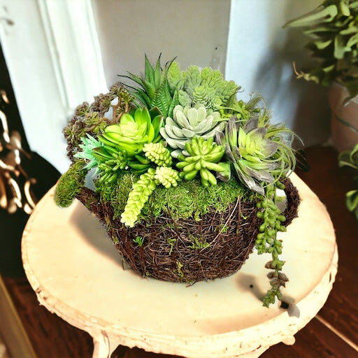 Faux Succulent Arrangement in Grapevine/Moss Watering Can Planter | 12x12 Inches | Indoor Greenery Decor for Home or Office I TCT Crafts
