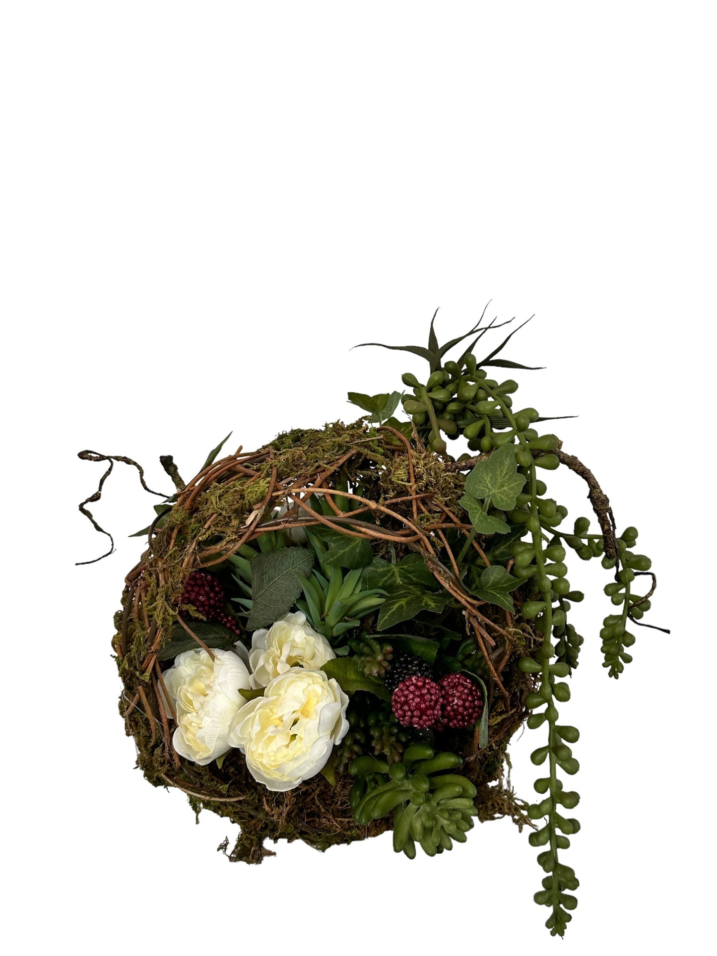 Earthy Minimalistic Floral Arrangement with Faux Succulents, Ranunculus, & Raspberry Sprays - 8x8in - TCT Crafts Designs TCT Crafts