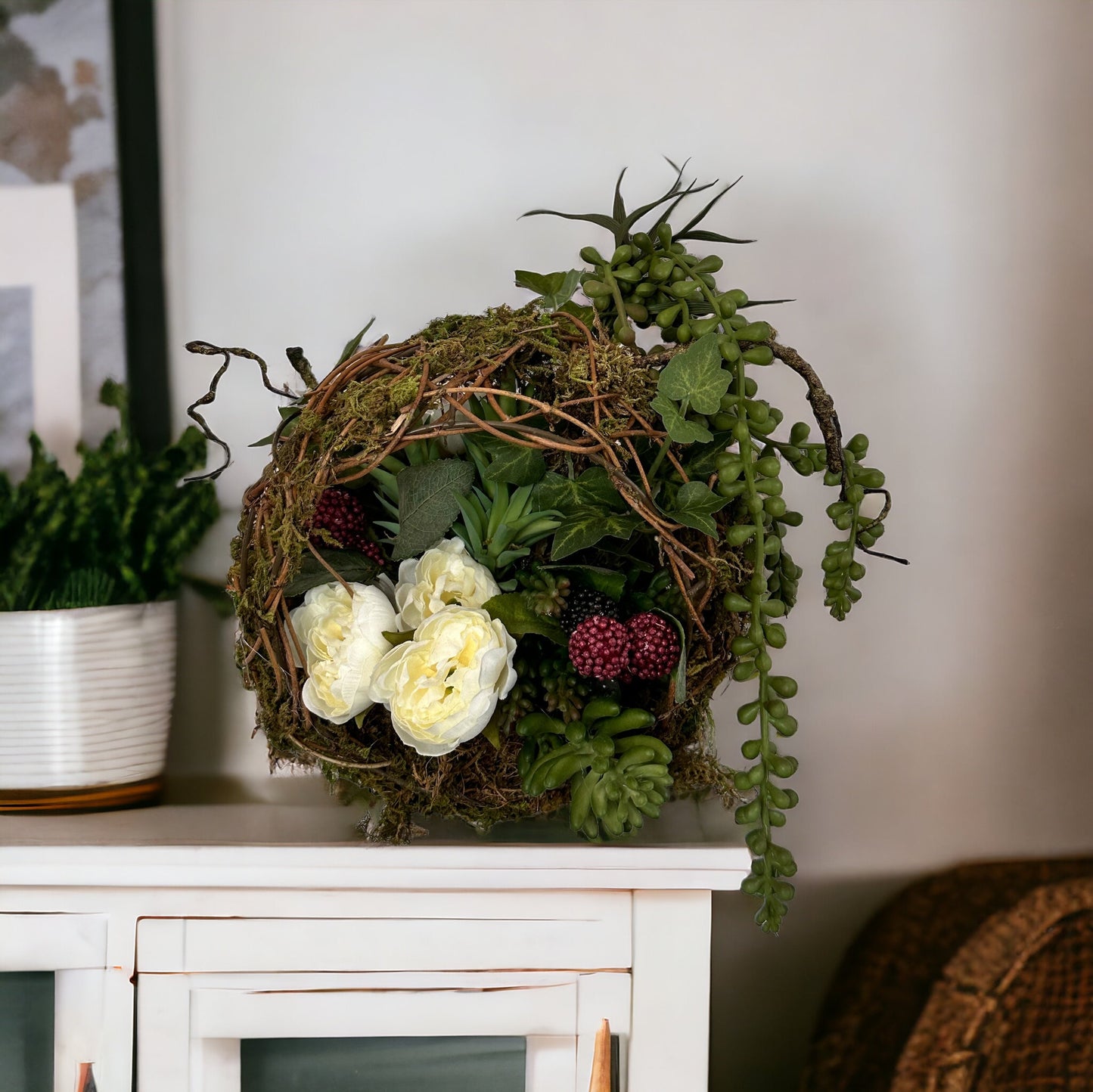 Earthy Minimalistic Floral Arrangement with Faux Succulents, Ranunculus, & Raspberry Sprays - 8x8in - TCT Crafts Designs TCT Crafts