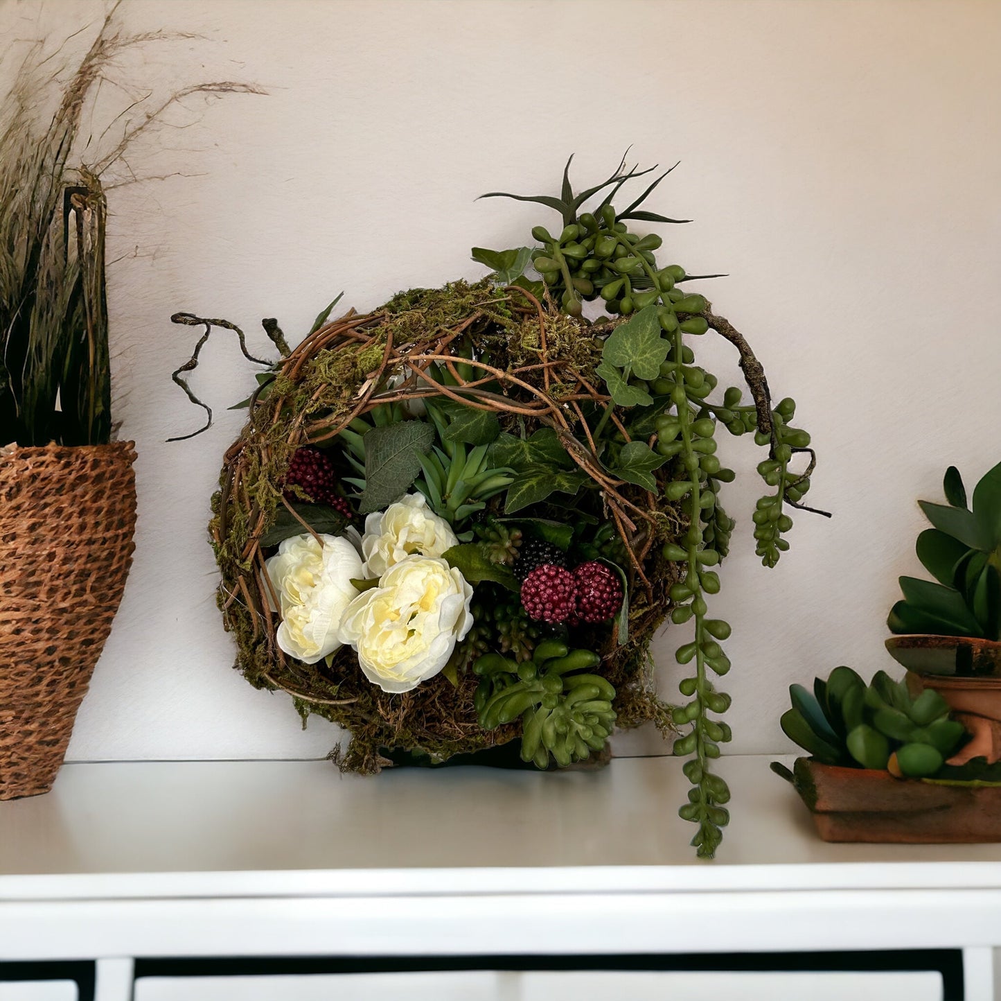 Earthy Minimalistic Floral Arrangement with Faux Succulents, Ranunculus, & Raspberry Sprays - 8x8in - TCT Crafts Designs TCT Crafts