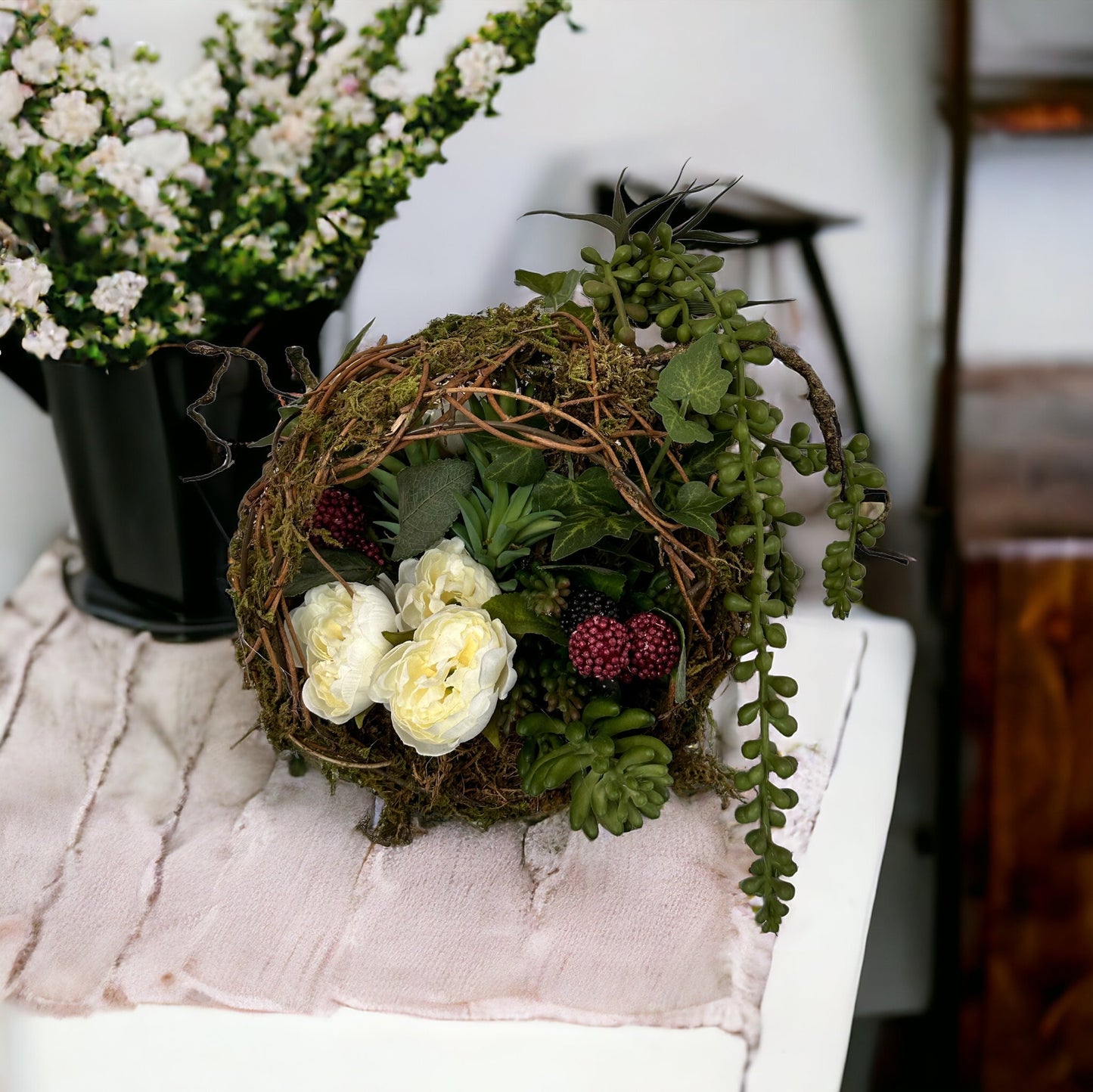 Earthy Minimalistic Floral Arrangement with Faux Succulents, Ranunculus, & Raspberry Sprays - 8x8in - TCT Crafts Designs TCT Crafts