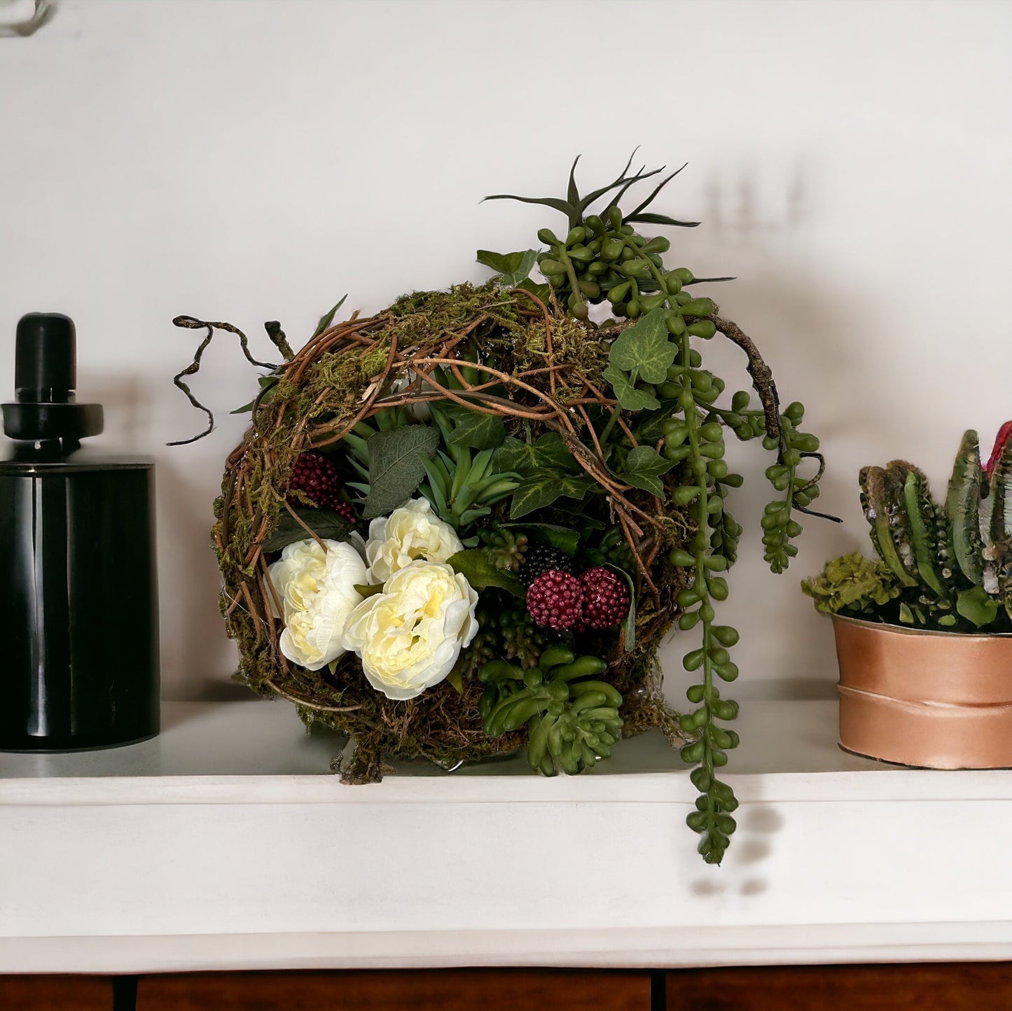 Earthy Minimalistic Floral Arrangement with Faux Succulents, Ranunculus, & Raspberry Sprays - 8x8in - TCT Crafts Designs TCT Crafts