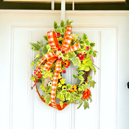 Vibrant Summer Floral Wreath with Poppies & Polka Dot Ribbon, Colorful 23x19 Inch Grapevine Door Decor for Seasonal Display TCT Crafts