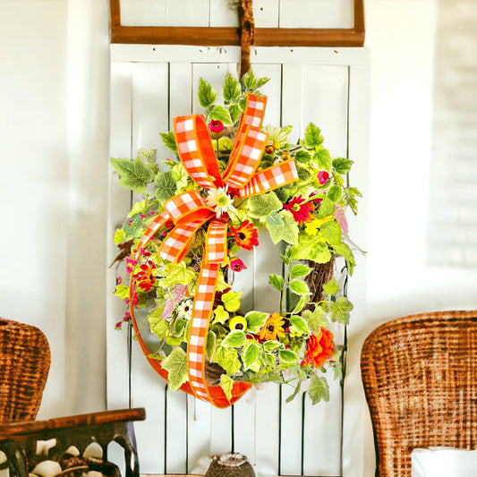 Vibrant Summer Floral Wreath with Poppies & Polka Dot Ribbon, Colorful 23x19 Inch Grapevine Door Decor for Seasonal Display TCT Crafts