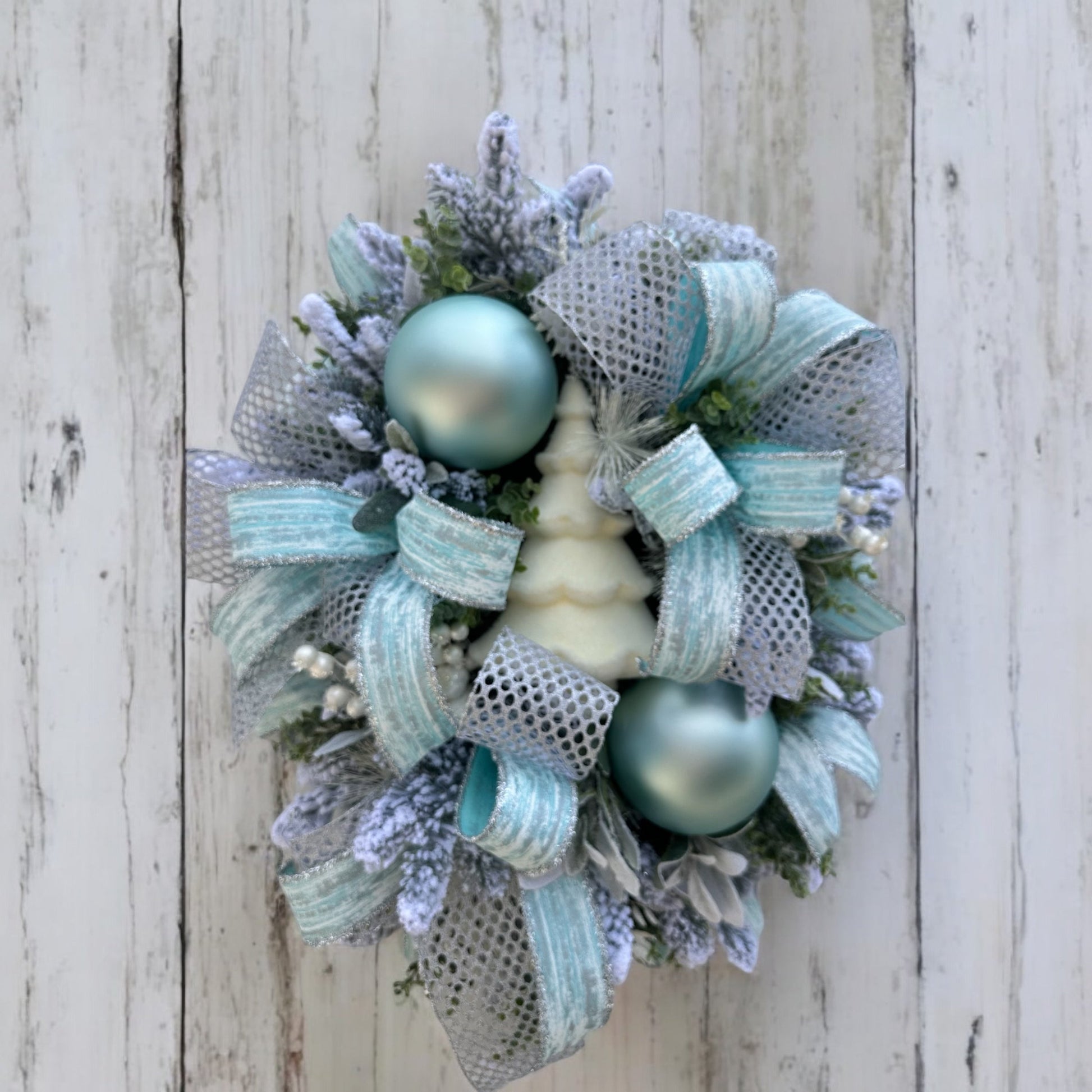 Winter Wonderland Christmas Wreath - Flocked Tree, Turquoise Ornaments, Elegant Holiday Door Decor TCT Crafts