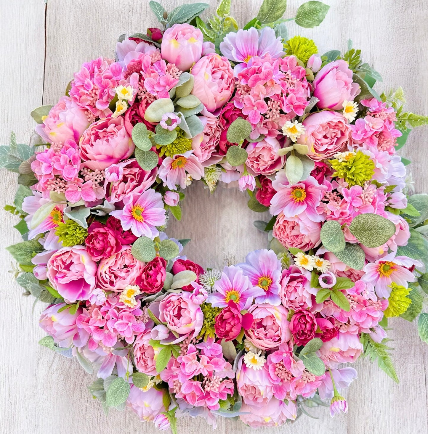 Luxury Pink Peony Wreath with Cherry Blossoms & Cosmos | Elegant Spring Door Decor 24x24