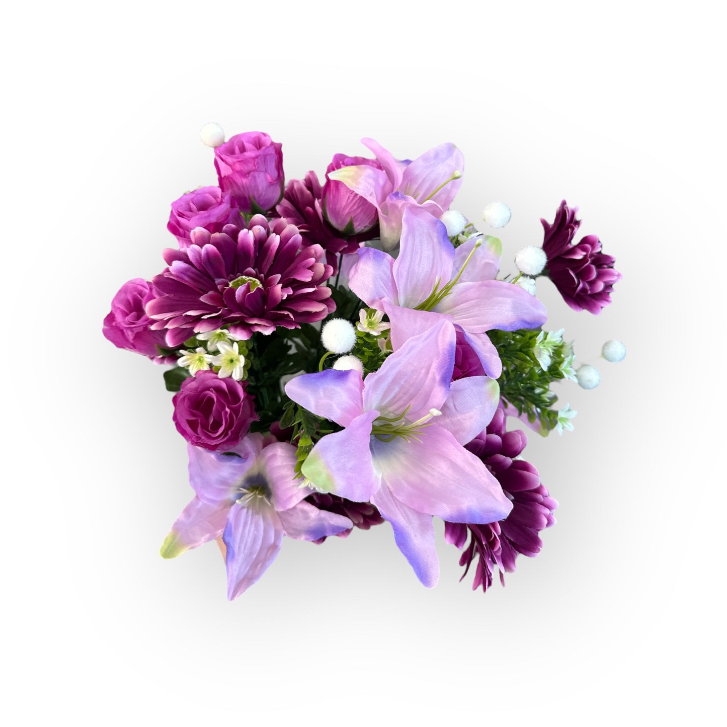 21" Artificial Purple Lily, Daisy & Rose Bud Bush – Faux Floral Pick for Wreaths, Vases & Home Decor-FBX111-PU/LV