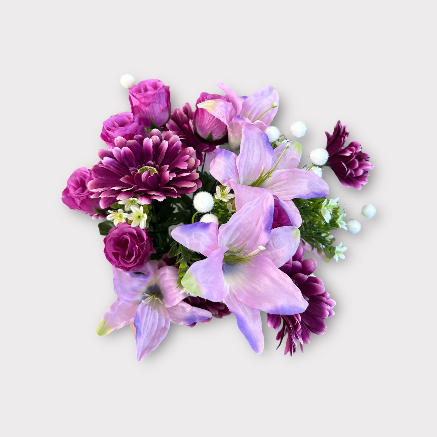21" Artificial Purple Lily, Daisy & Rose Bud Bush – Faux Floral Pick for Wreaths, Vases & Home Decor-FBX111-PU/LV