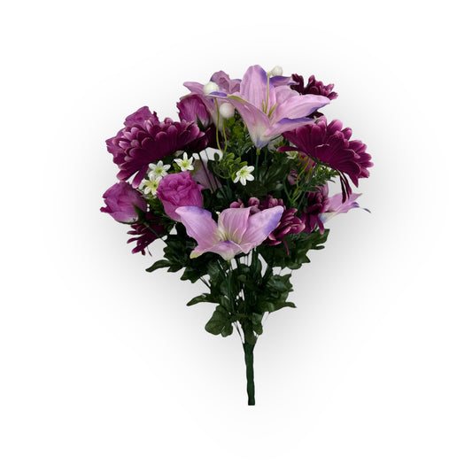 21" Artificial Purple Lily, Daisy & Rose Bud Bush – Faux Floral Pick for Wreaths, Vases & Home Decor-FBX111-PU/LV